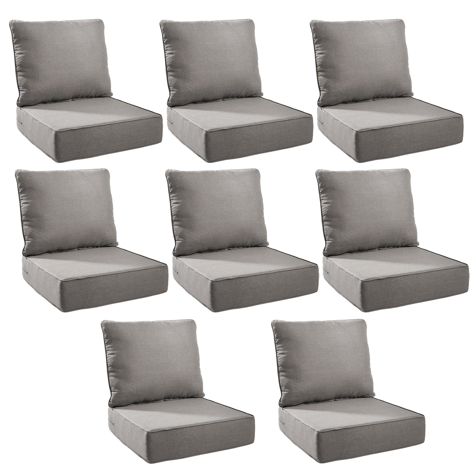 Outdoor Cushion Set for Patio Furniture, UV Resistant, Water Resistant - 6 Inch Thick Foam Garden Cushions – 22x24 Inch Patio Seat Covers for Chair/Sofa/Couch | Grey | 8-Pack |
