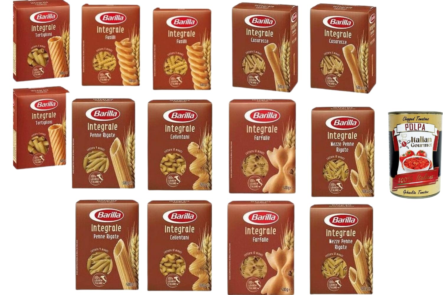 Italian Gourmet Pâtes Barilla Integrale Assortiment 14 x 500 g (7 kg), Pâtes Complètes Italiennes, Formats Variés (Penne, Fusilli, Farfalle, etc.), Source de Fibres + Italian Gourmet Polpa