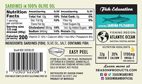 Vista 35 de Season Sardinas en aceite de oliva virgen extra, capturadas en la naturaleza, ligeramente ahumadas, 0.81 onzas de proteína, bocadillos Keto, más