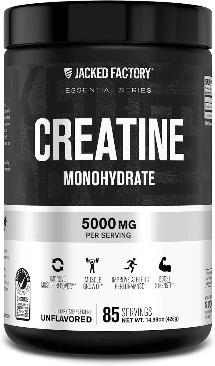 Jacked Factory Creatine Monohydrate Powder 425g - 5g Daily Creatine Supplement for Men and Women, Vegan-Friendly, Third-Party Tested - 85 Servings, Unflavored