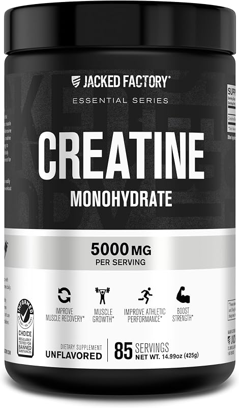Jacked Factory Monohidrato de creatina en polvo 425 g - 5 g de monohidrato de creatina micronizado diario para hombres y mujeres, apto para veganos, probado por terceros - 85 porciones, sin sabor