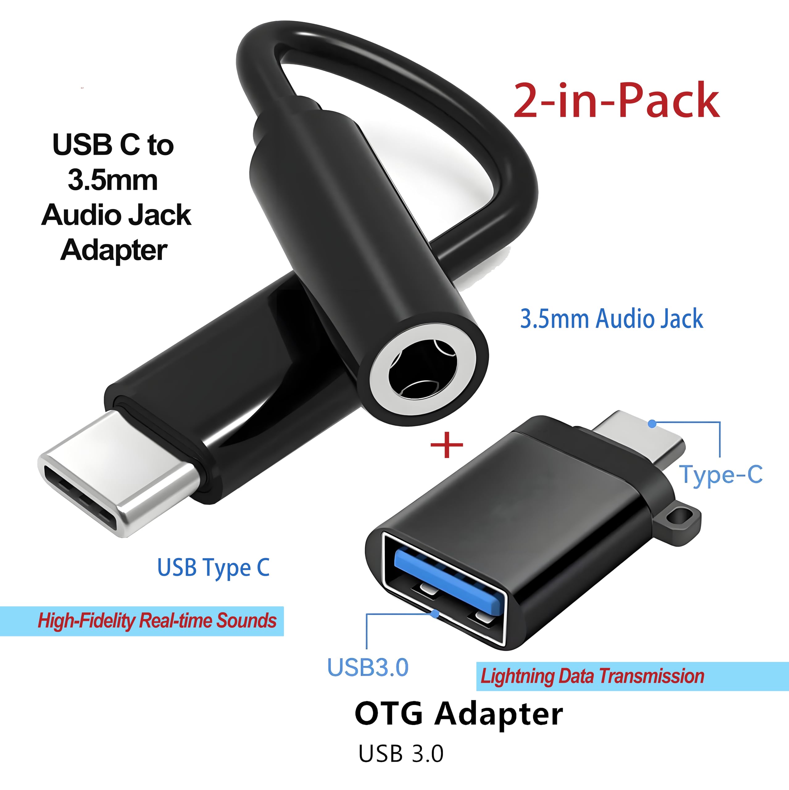 DUCK DANCE USB-C to 3.5mm Audio and USB-A Adapter Cables, 2 Pack, Black and Gold (Black Adapter+Black Stick)