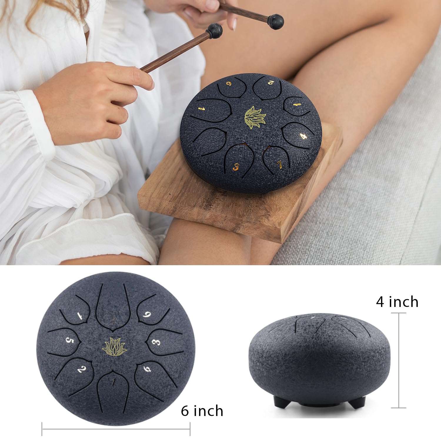 Eavnbaek Rain Chime Drum - 8 Note 6 Zoll Regentrommel für den Außengarten, mit Tasche, Musikbuch, Drumsticks, Schlägelhalter und Fingerpaddeln, Stahlzungentrommel für Geschenke Yoga Bildung