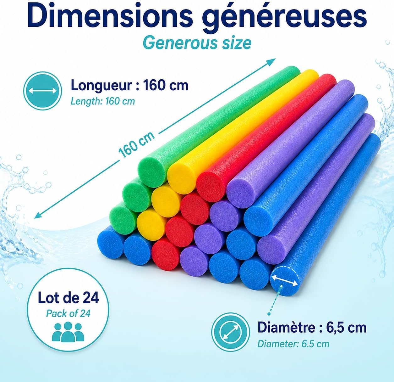Lot 50 Frites de Piscine Mousse Flottantes 160 cm x 6,5 cm - Multicolores Souples et Resistantes - Accessoires Jeux Eau Piscine Mer Plage Aquagym Natation Enfants Adultes - Fun Noodle - Nouille -