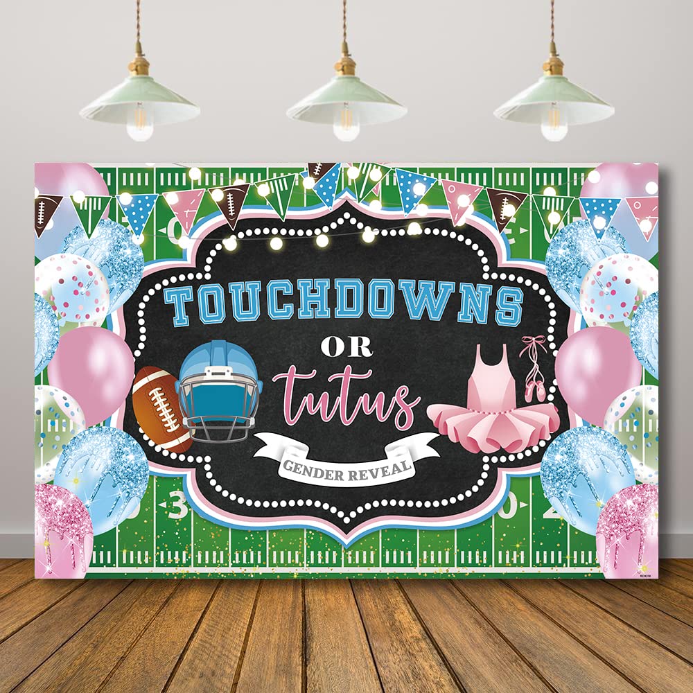 Rarcoirs Touchdowns or Tutus Gender Reveal Backdrop Green Grass Sports Boy or Girl Background for Photography Pink and Blue Balloons Pregnant