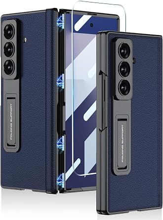 Leather Case for Samsung Galaxy Z Fold 7 with Kickstand,[Built-in Screen Protector and Magnetic Hinge Protection] Slim Luxury Plating Frame Shockproof Cover for Samsung Galaxy Z Fold 7Blue