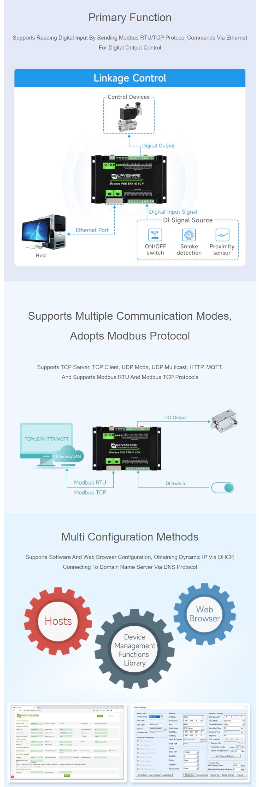 PoE Ethernet Modbus IO Module 8DI 8DO, Modbus TCP/RTU, Dual LAN Ports Cascade, IEEE 802.3af PoE + DC 7-36V, 500mA Sink Outputs, DIN Rail Mount, Isolation Protection