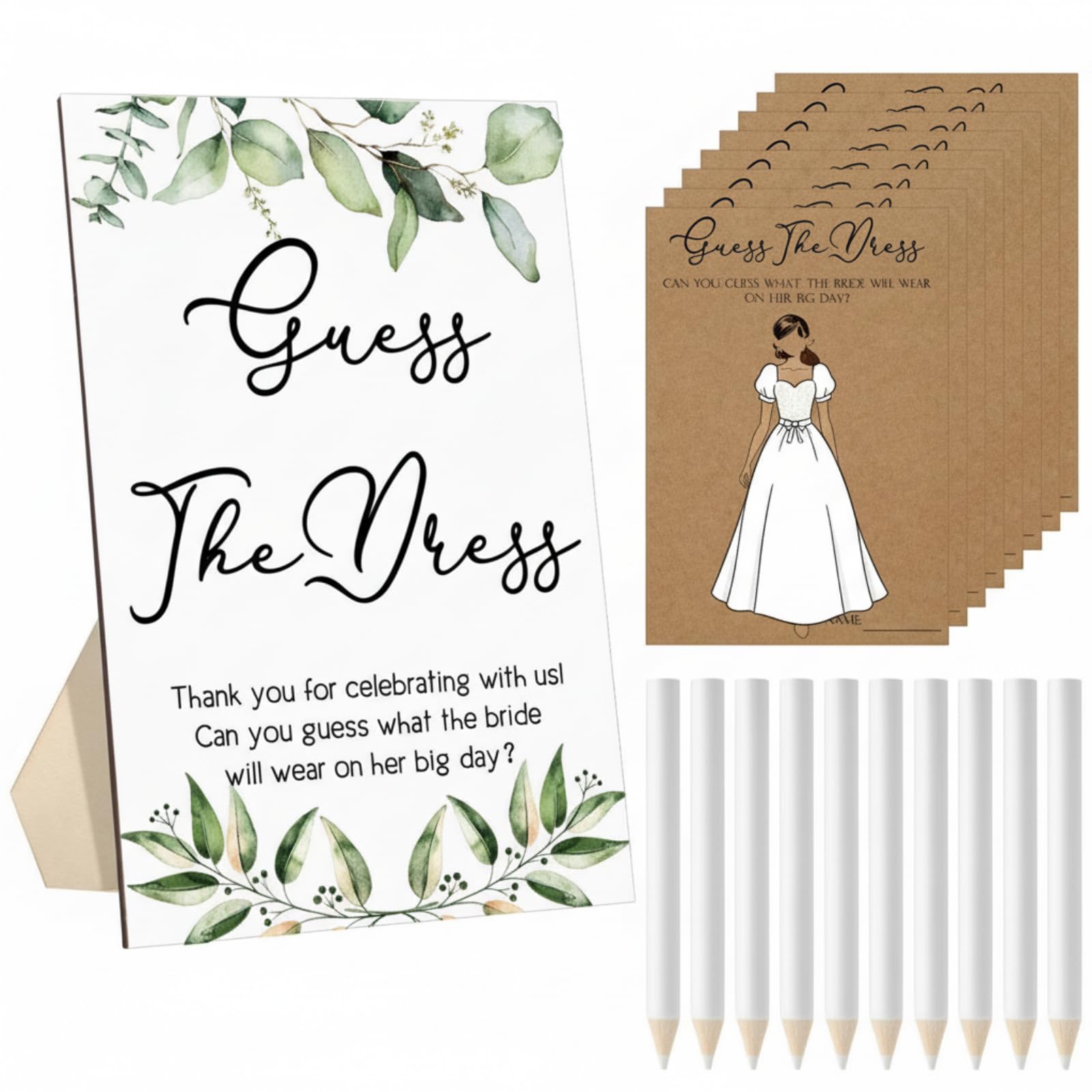 Amazon.com: Seajan 50 Sets Guess The Dress Bridal Shower Game Wooden Sign  Fun Bridal Shower Games Table Sign 50 Small Guessing Cards 50 Pencils for  Guests Wedding Bachelorette Party Supplies(Green Leaves) :