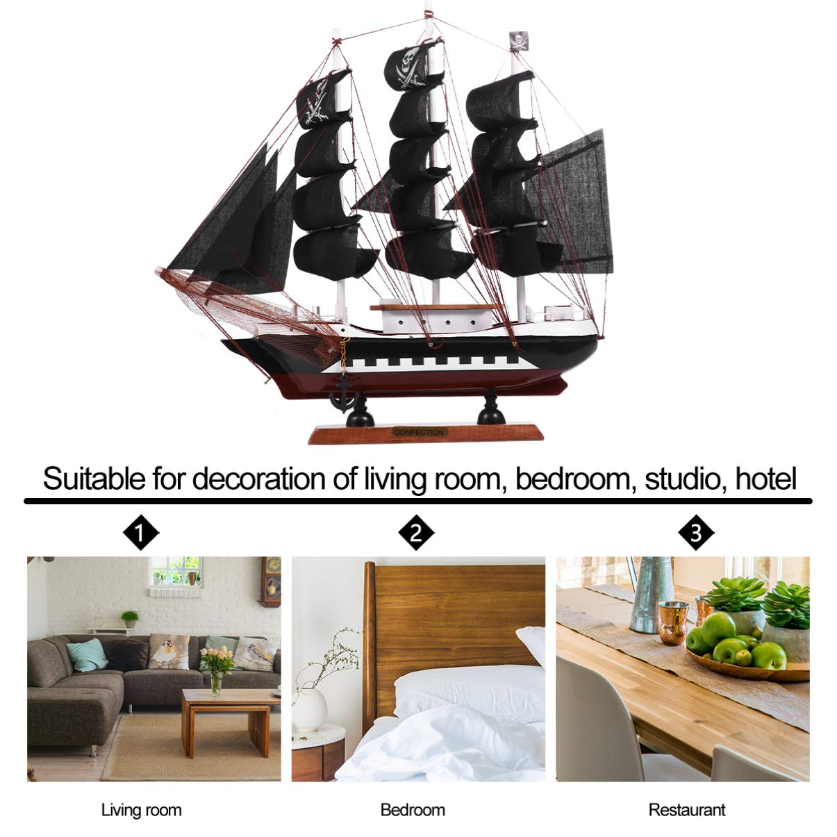 JOEBO Barco Pirata 3D, Barco de Vela de Madera, velero náutico Creativo, Modelo de velero Decorativo for Adorno del hogar, 33cm