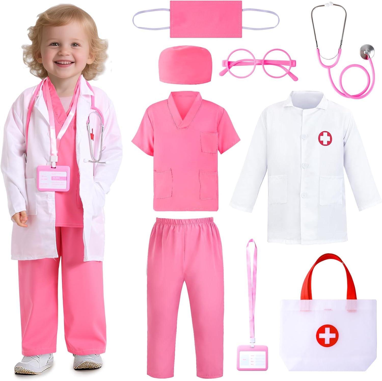 (Incomplete) Doctor Costume for Girls Kids Doctors Play Set Toddler Doctor Dress up Clothes for Halloween, Career Day Role Play Gift Set for Girls 3-6 Years Old