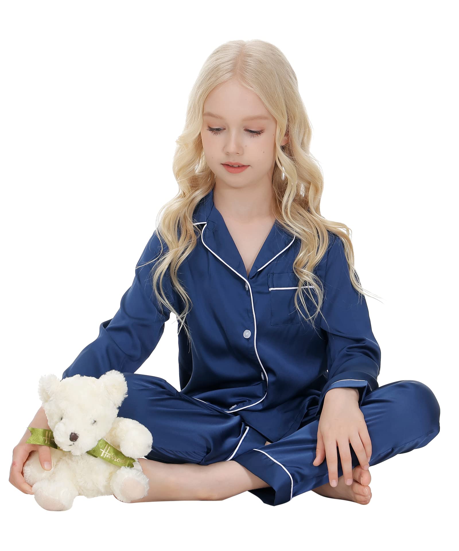 Verve Jelly Bambini Bambino Bambino Ragazza Ragazzo Pigiama Raso Set Manica Lunga Button-Down Magliette e camicette Camicia Pigiama + Pantaloni Lunghi Bottoms Pantaloni Degli Indumenti Da Notte Abiti