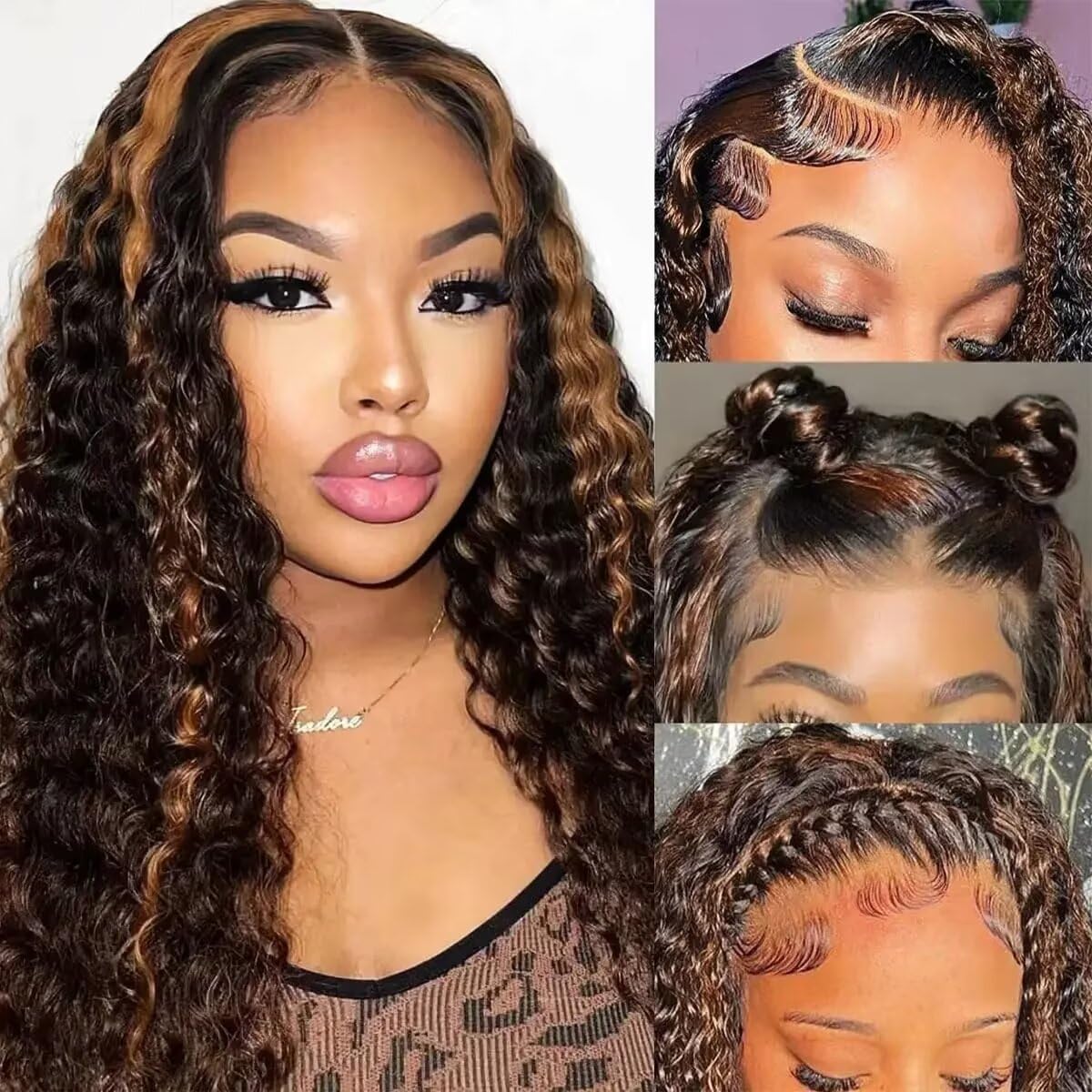 #1B/27 Ombre Highlight HD Lace Front Wig Deep Wave Human Hair Pre Plucked Bleached Knots Honey Blonde Balayage Colored Brazilian Remy Curly Wigs with Baby Hair For Woman 180% Density 18Inch