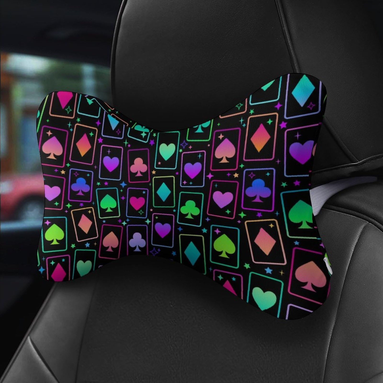SMAZDFXX Neon Card Suits Playing Poker Car Neck Pillow Set of 2 Car Seat Head Support Cushion Bone Pillows with Elastic Strap
