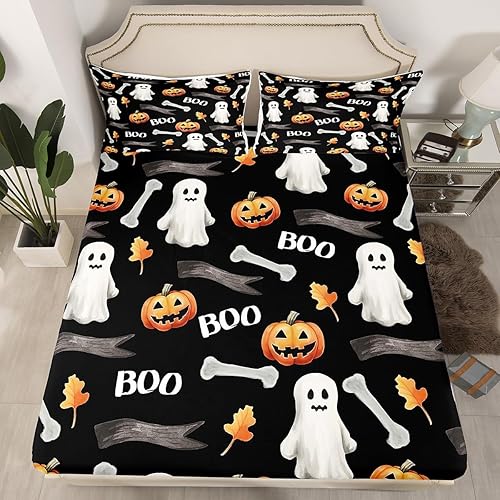 Miniatura 7 de Erosebridal Juego de sábanas bajeras de Halloween para niños, tamaño Queen, juego de ropa de cama con diseño de farol de calabaza para niños y
