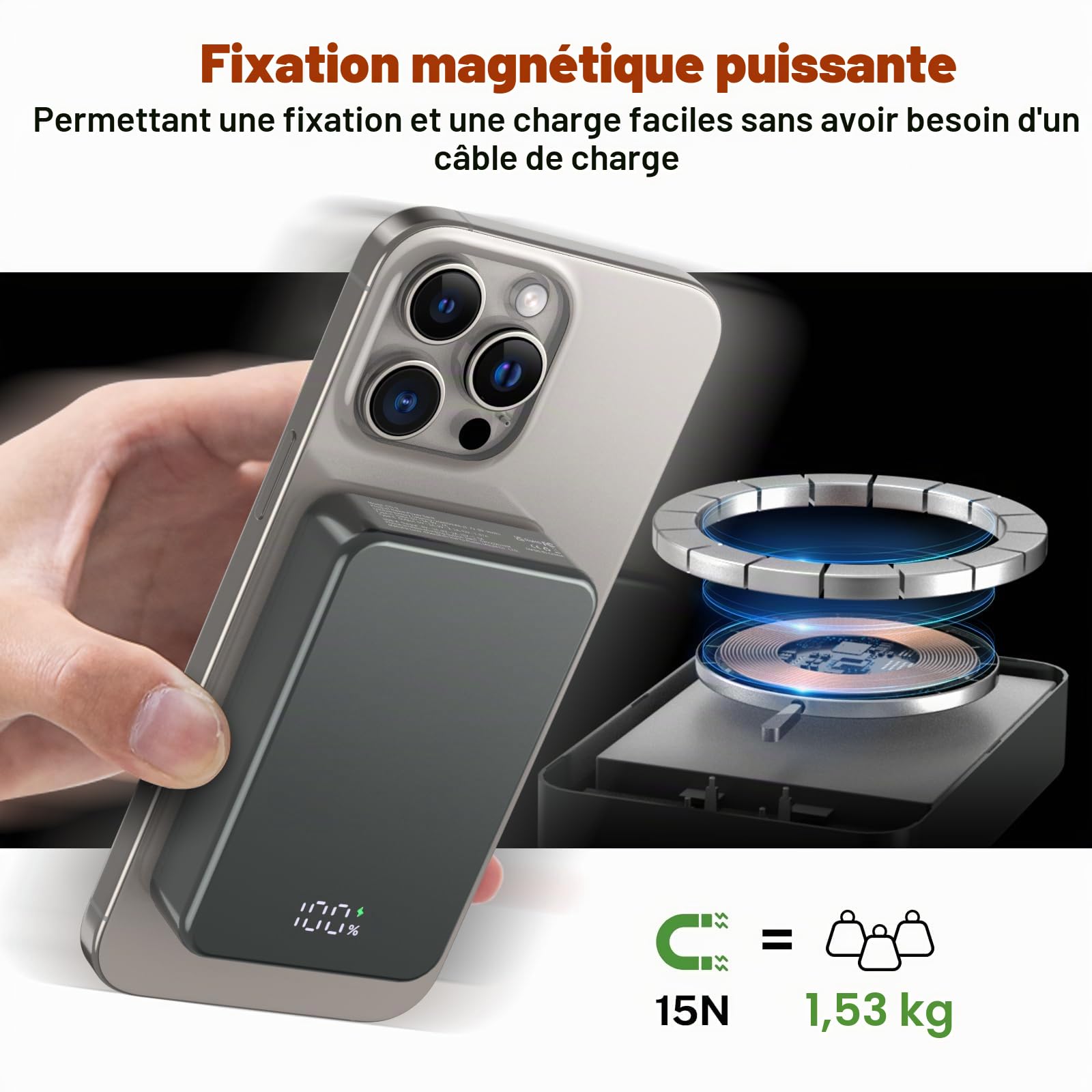 Batterie externe magnétique sans fil, chargeur portable 26800 mAh, entrée et sortie USB C pour iPhone séries 17/16/15/4/13/12 et autres téléphones Android (gris)