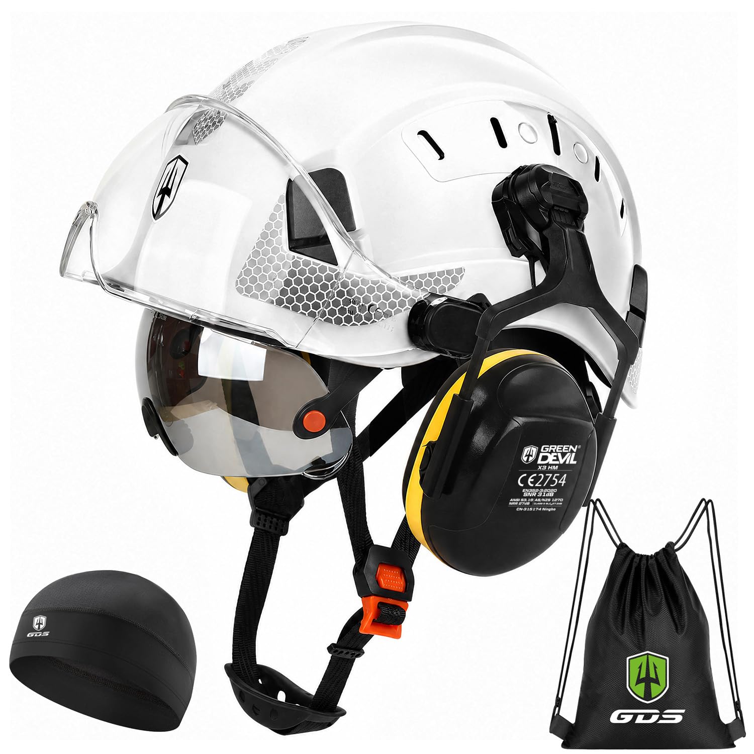 GREEN DEVIL Mervex kask ochronny – kask leśny z podwójnymi okularami ochronnymi EN166 i tłumikiem EN352 SNR32dB, certyfikat EN397, materiał ABS, unisex, do prac ogrodowych, wyrębów drewna i na placu