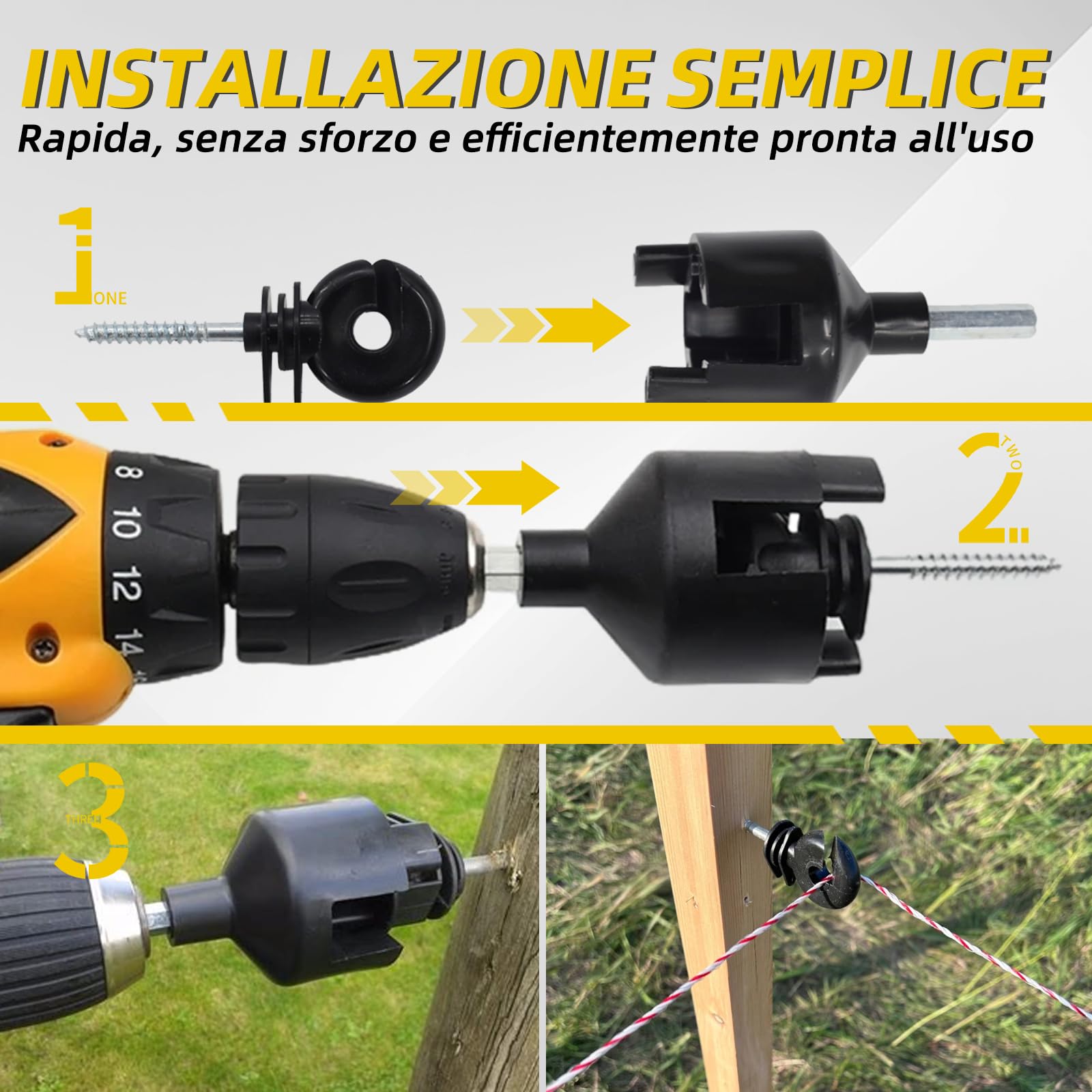 Kit conduttivo di rete per recinzione, versione migliorata, filo di acciaio a 6 fili, filo di recinzione elettrica, con 50 isolatori e strumento di installazione con 1 chiave isolante, adatto