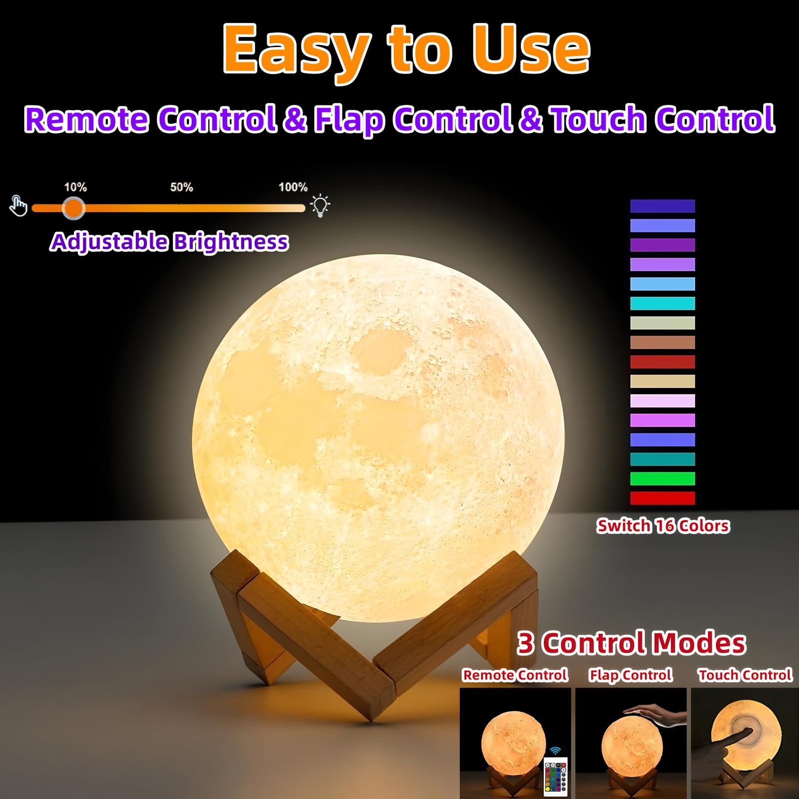 Lampada a forma di luna, 16 colori, luce notturna a LED con supporto, telecomando e controllo touch, lampada a forma di galassia per adolescenti, ragazze e ragazzi, ricaricabile tramite USB, luce