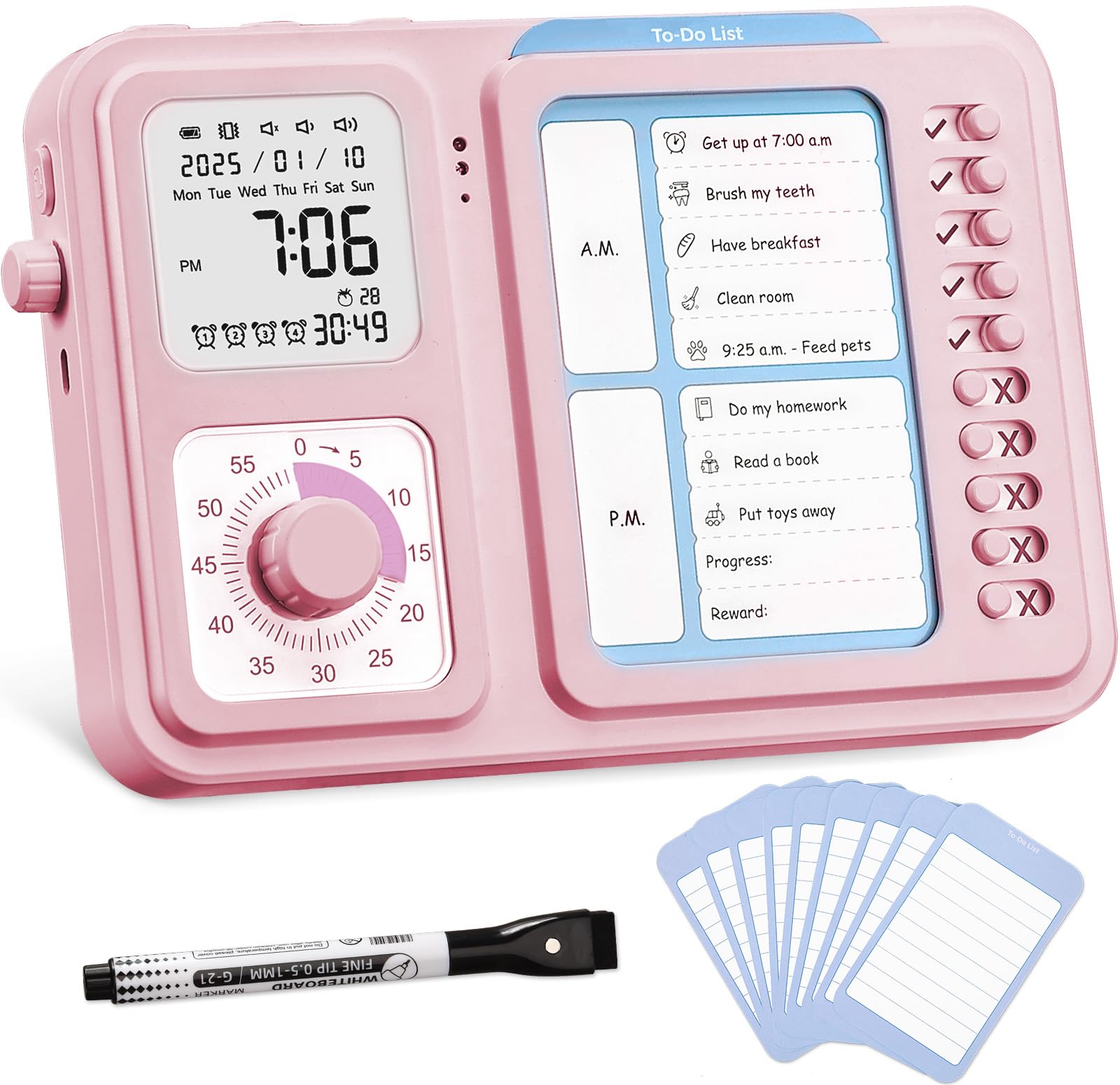 Photo 1 of 3-in-1 Visual Timer & ADHD Tool for Kids|Adults, Task Timer with Chore Chart Board, Visual Schedule for Kids with Autism, Daily Checklist for Home, School, Classroom, Desk (Pink)