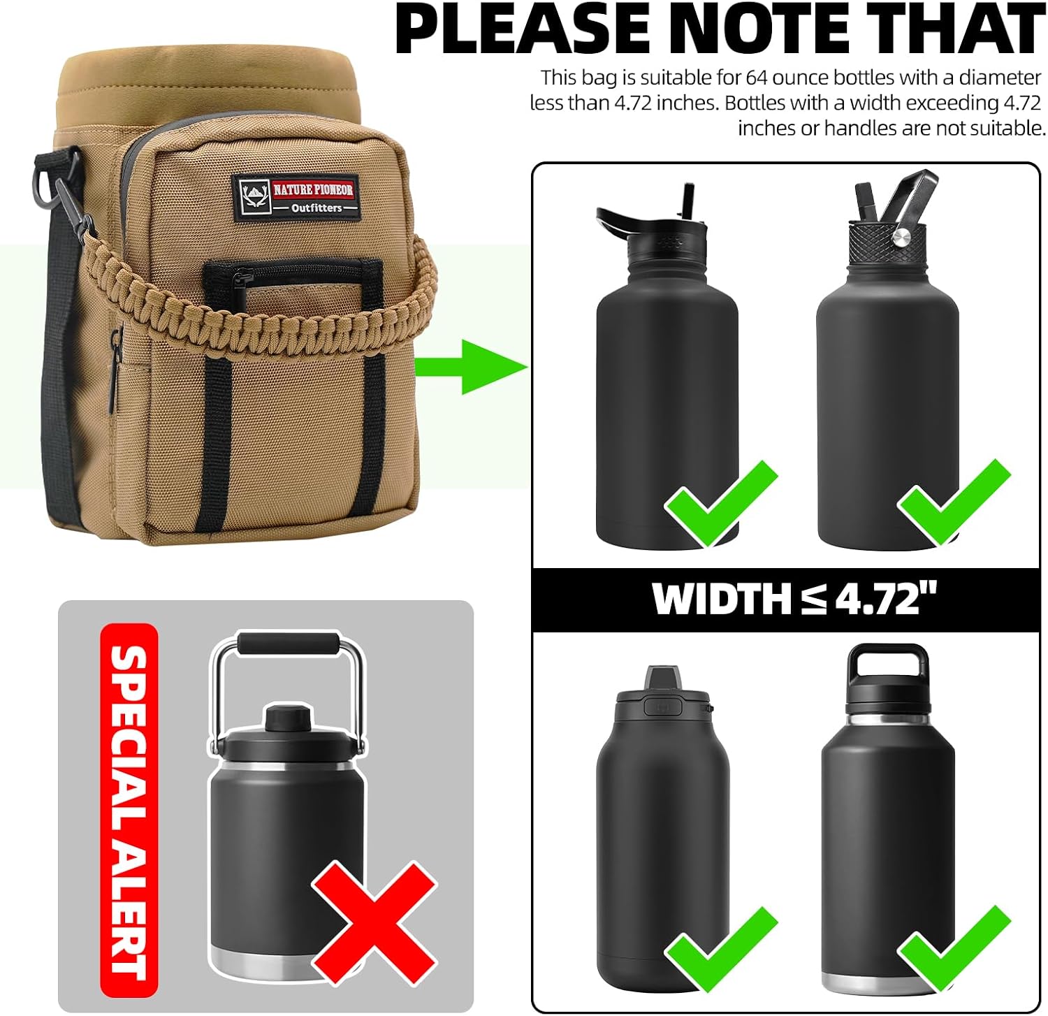 NATURE PIONEOR 64 oz Insulated Water Bottle Carrier Holder with Strap image 3