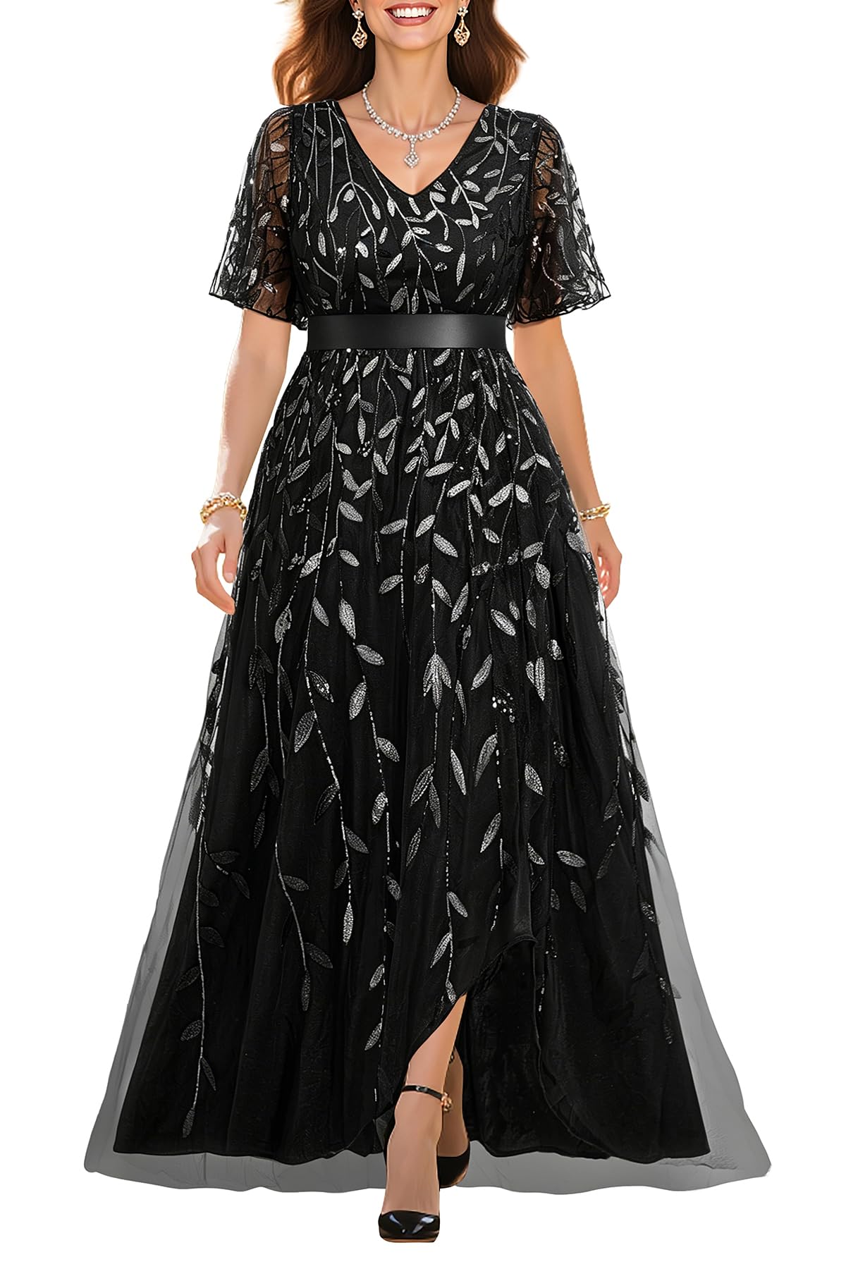 Pinup Fashion Plus Size Formal Dresses - Evening Gowns Sequin Embroidery V-Neck Prom Long Dress with Slit