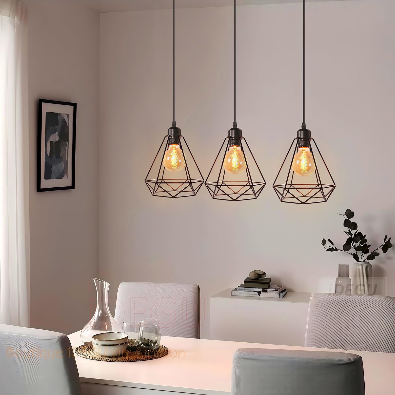 iDEGU 3 Luci Lampadario a Sospensione Industriale Vintage Lampada a Sospensione 20cm Metallo Gabbia Paralume Illuminazione E27 Lampadario da Soffitto per Soggiorno Cucina Sala da Pranzo (Nero, Barra)