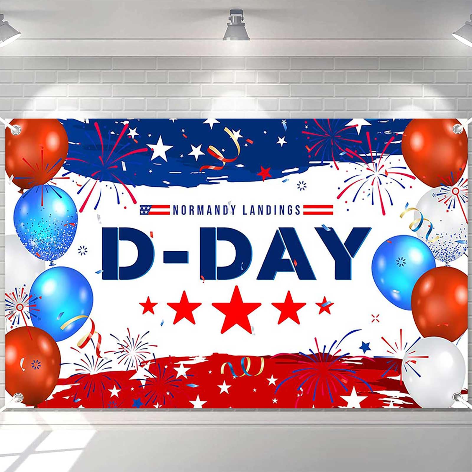 Ticuenicoa Happy Normandy Landings D-DAY Banner 70.8x43.3in Red & Blue Balloons, Fireworks & Stars - Festive Decoration for Celebrations