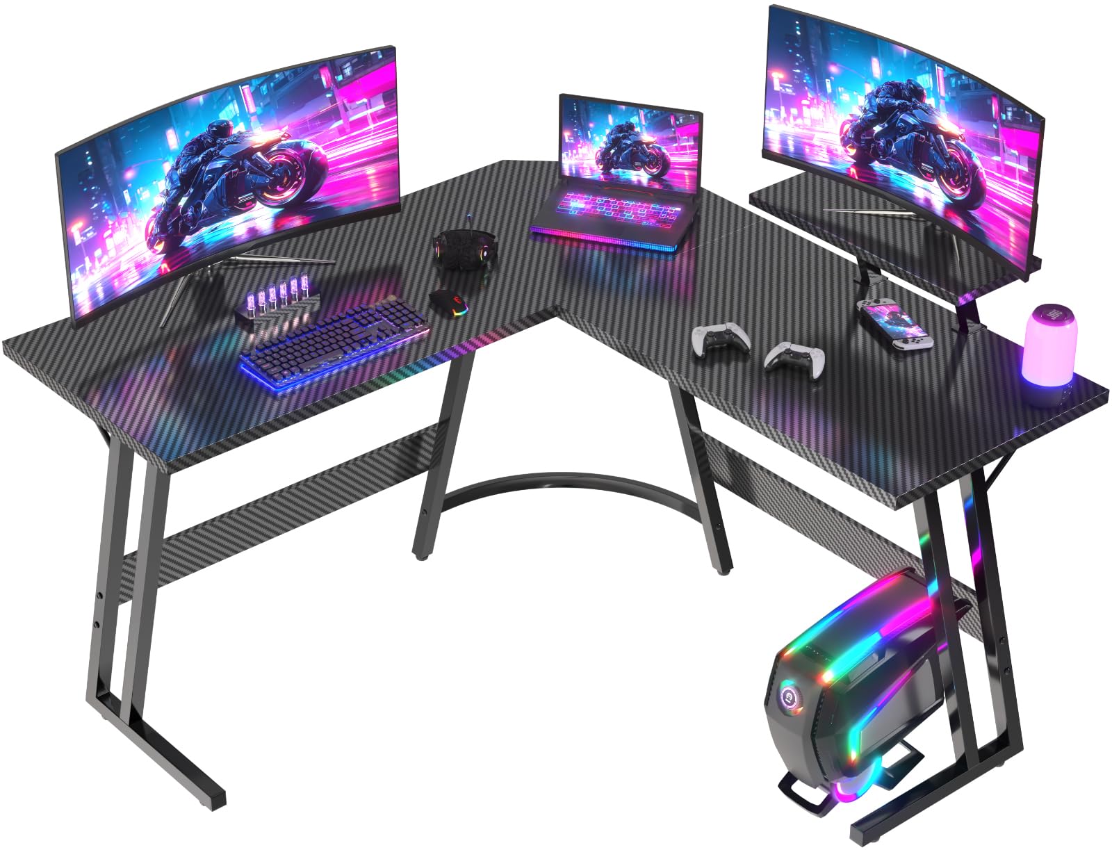 JUMMICO Scrivania Angolare, Scrivania Gaming 120x120cm - Tavolo da gioco a L con Supporto Reversibile per lo Schermo - Versatile (gioco/lavoro/studio) - Rivestita in Carbonio - Nero