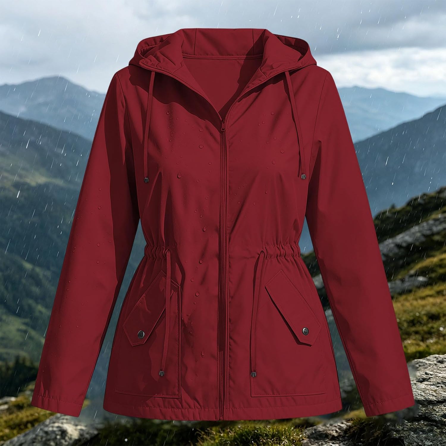 Rain Jacket for Women Waterproof Hooded Windbreaker Coat Outdoor | Women's Zip Up Anorak with Cinch Waist, Snap Flap Pocket, Adjustable Hood for Hiking Camping Travel Fall