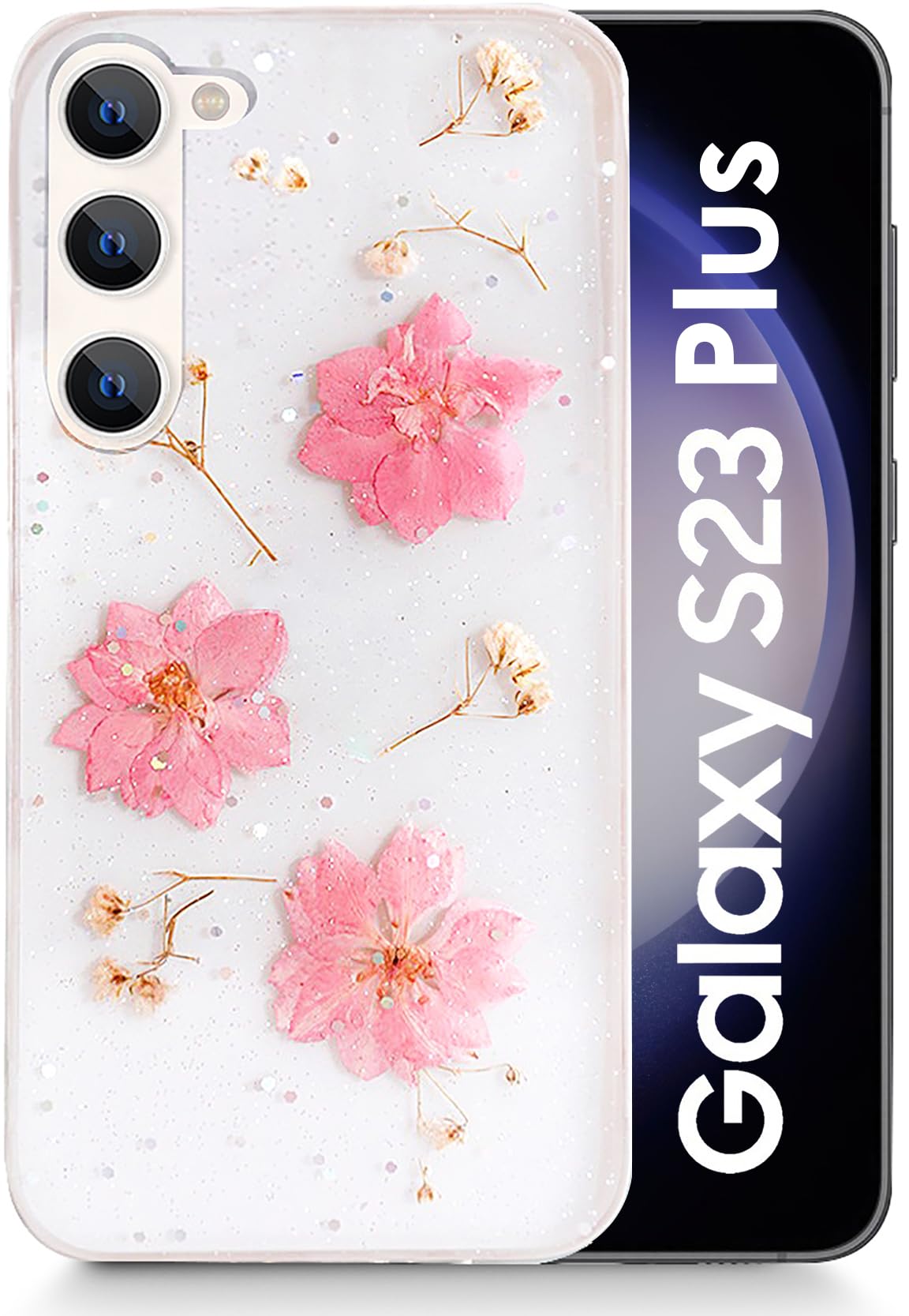 SQUIF Back Case for Samsung Galaxy S23+ Plus 5G Cover for Girls with Silicone Pressed Real Natural Dry Flowers Clear Glitter (Pink) (B0C14NKKYL) Amazon Price History, Amazon Price Tracker