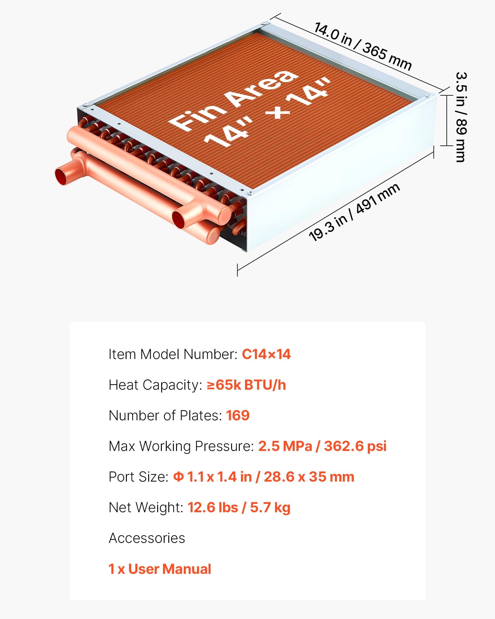 VEVOR Serpentín de Intercambio de Calor de 356 x 356 mm, Intercambiador de Calor Aire-Agua con Aletas de Aluminio y Tubos de Cobre, Capacidad 65000 BTU/h para Hornos, Refrigeración, Calefacción, HVAC