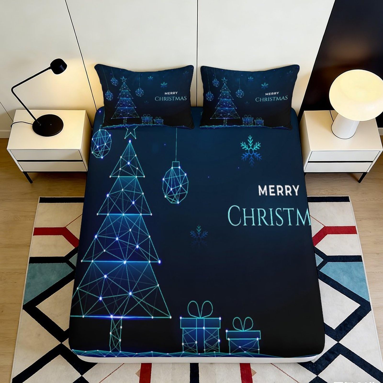 3D Printed Christmas Tree Fitted Sheet Microfiber Soft Breathable Merry Christmas Bed Cover for Bedroom Dormitory Guest Room Mattress Protection 120x200x25cm