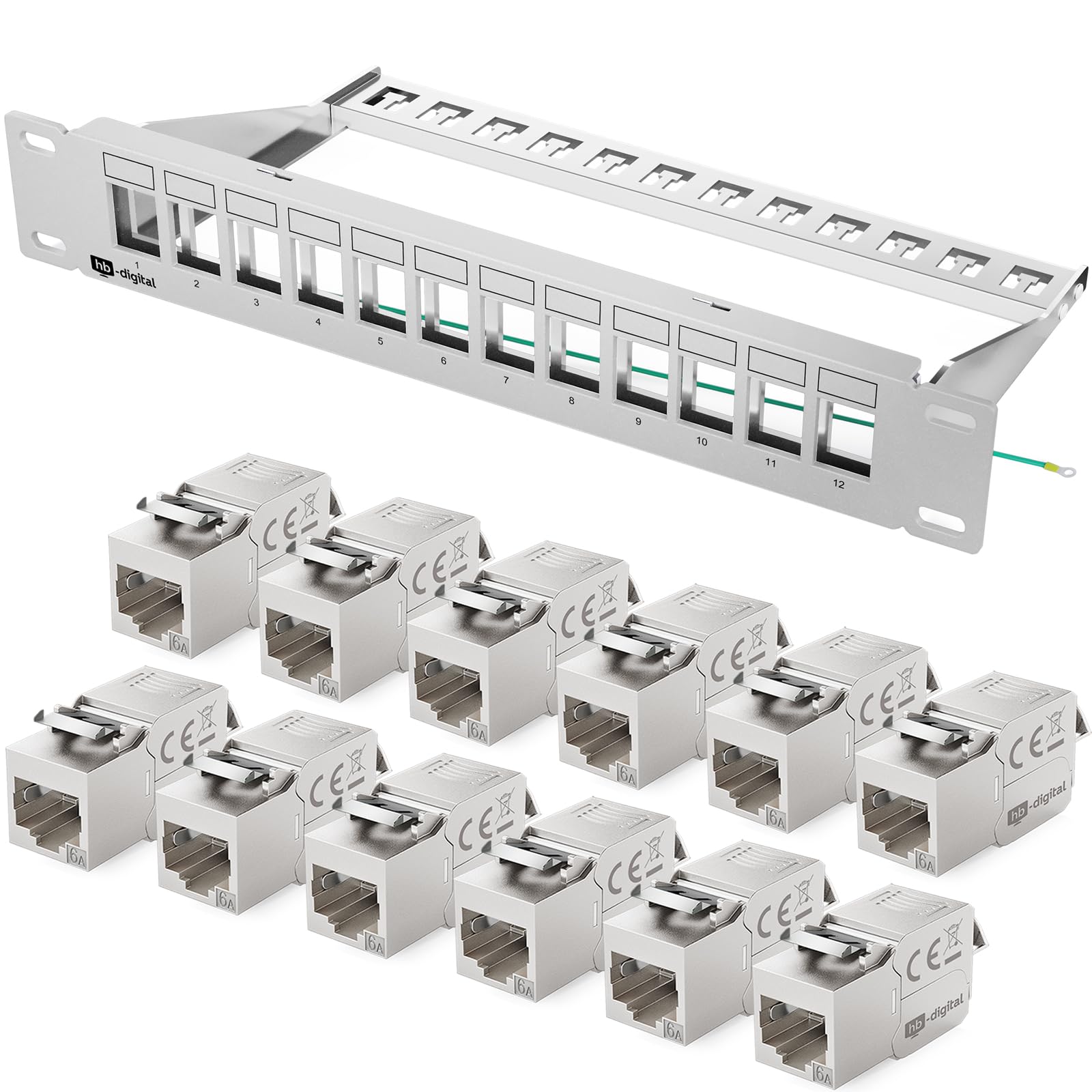 hb-digital Panel krosowy 12 portów 1HE sieć krosowa z 12 modułami CAT 6a Keystone RJ45 gniazdami do Ethernet LAN 10 Gbit odpowiedni do montażu w szafie 10 cali szafa sieciowa - jasnoszary