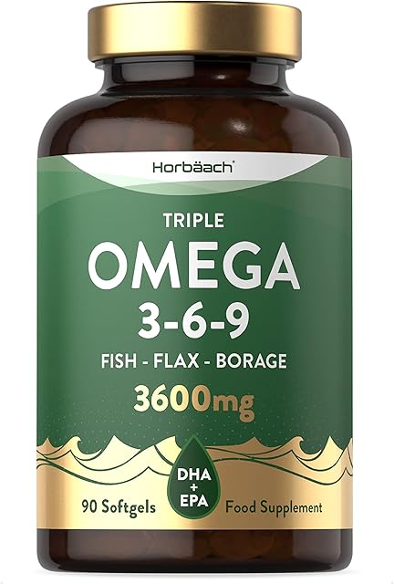 Triple Omega 3 6 9 | 3600mg | 90 Softgel Capsules | High Strength Supplement with EPA, DHA & ALA Essential Fatty Acids | Fish Oil, Flaxseed & Starflower Oil | by Horbaach