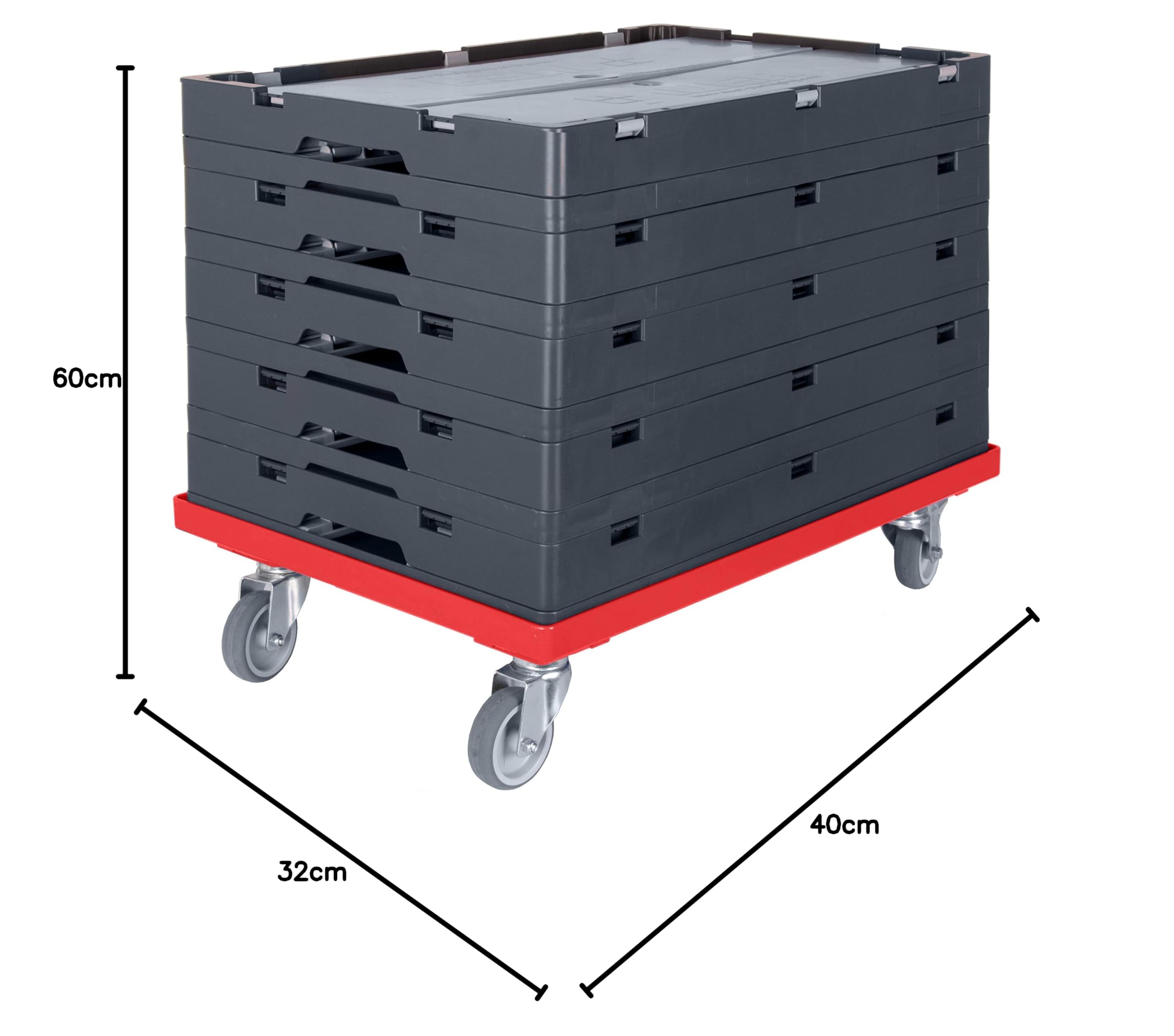 Auer Faltbox 3er Set FBD 64/32 + Deckel + roter Rollwagen - 60x40x32cm Kunststoffbox 67L | Stabile Lager-, Transport- u. Kommissionierbox stapelbar | Klappdeckel zum Schutz vor Schmutz u. Schäden