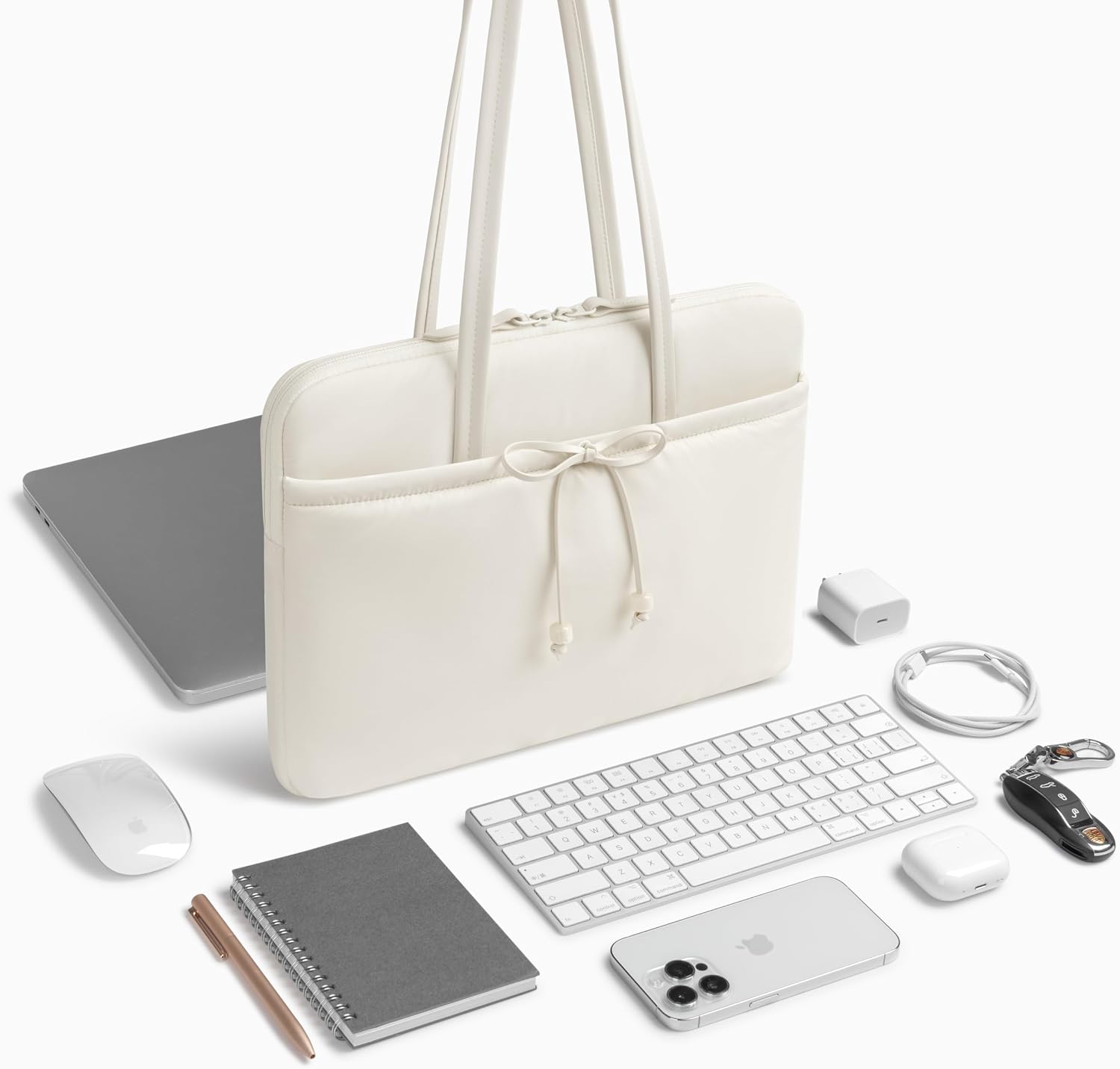 Comfyable 13 Inch Laptop Sleeve with Handle, Compatible with 13" MacBook Air M5 and Mac Neo, 14" MacBook Pro M5 Pro/Max 2026, Daily School Nylon Computer Bag, Cute Bow Design for Girls, Rice