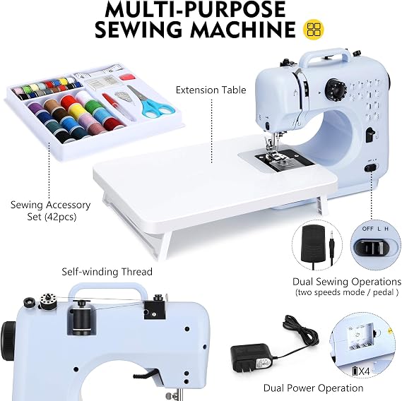 Magicfly Portable Sewing Machines, 12 Built-in Stitches Mini Sewing Machine for Beginner with Reverse Sewing, 3 Replaceable Feet, Extension Table, Accessory Kit, Blue