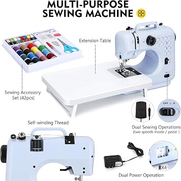 Magicfly Portable Sewing Machines, 12 Built-in Stitches Mini Sewing Machine for Beginner with Reverse Sewing, 3 Replaceable Feet, Extension Table, Accessory Kit, Blue