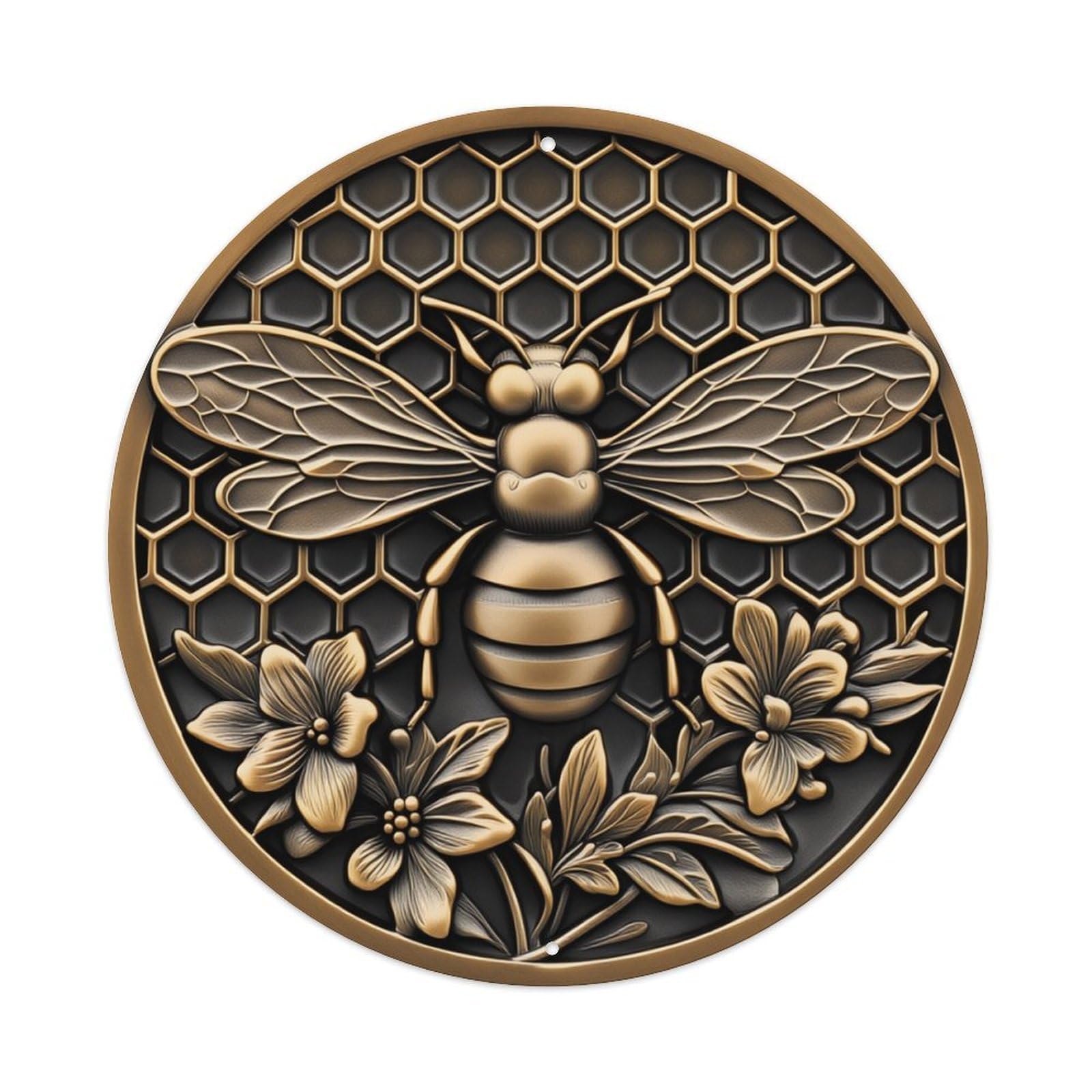 Honeycomb Bee Floral Design Pattern Round Tin Sign Vintage Metal Poster, Home Bar Garage Man Cave Cafe Indoor & Outdoor Wall Decoration 8x8Inches
