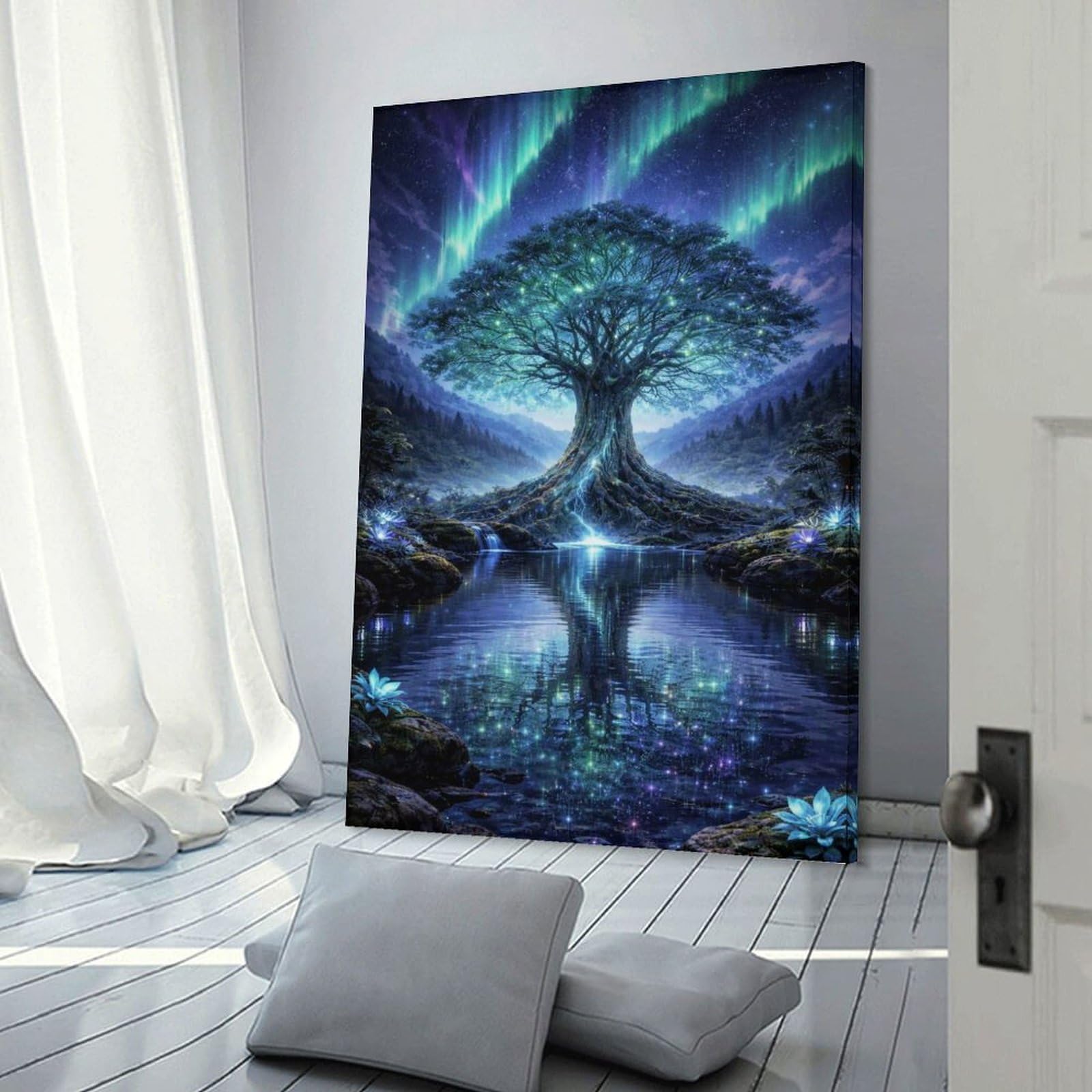 Junmoney Tree of Life by A Lake Aurora Borealis Home Decor Wall Art 24x36inch(60x90cm), for Office, Study Or Home Workspace, Home Office Artwork with Decorative Appeal