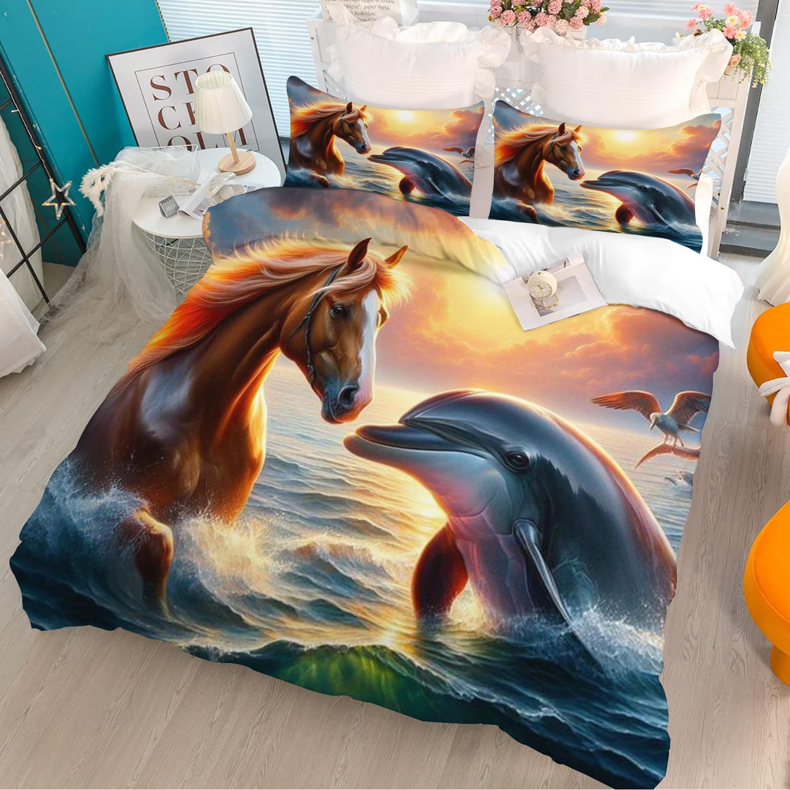 KIDSLOVE Pościel z delfinem 135 x 200 cm, poszewka na kołdrę dla dzieci, urocze zwierzęta, delfiny, zestaw pościeli z nadrukiem 3D, 100% mikrofibra, poszewka na kołdrę (8, 220 x 260 cm, 50 x 75 x 2)