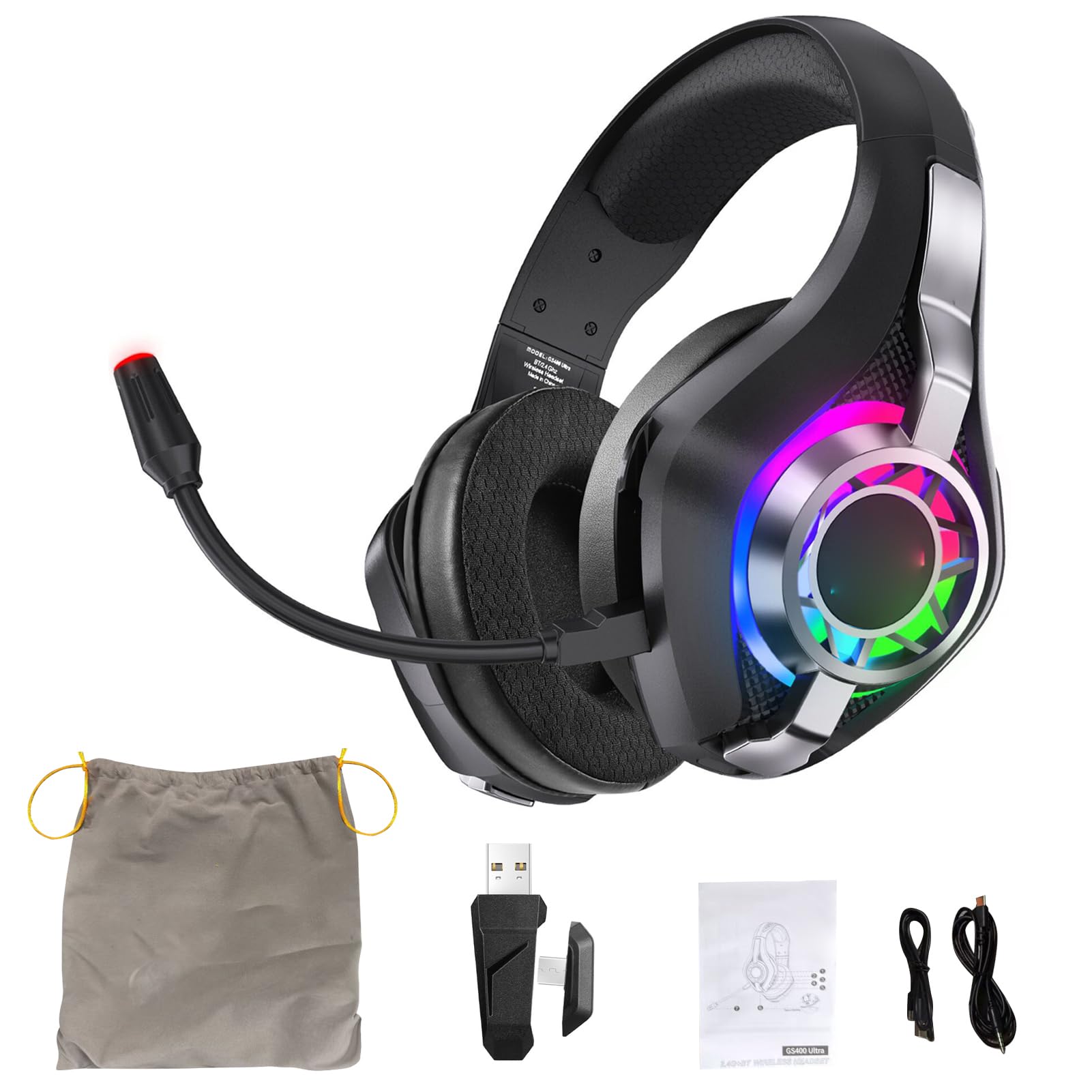 Dpofirs Cuffie da Gioco Wireless, Auricolari over Ear RGB, Audio Surround 7.1, Microfono con Cancellazione del Rumore, Bassa Latenza for PC Portatile (BLACK)