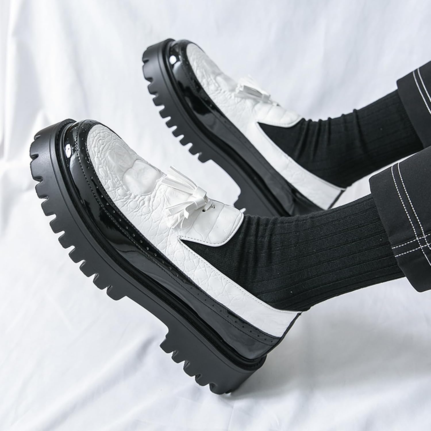 Men's Fashion Tassel Chunky Platform Penny Dress Loafers Luxury Round Toe Slip-On Non-Slip Lug Sole Business Formal Shoes for Daily Work and Casual
