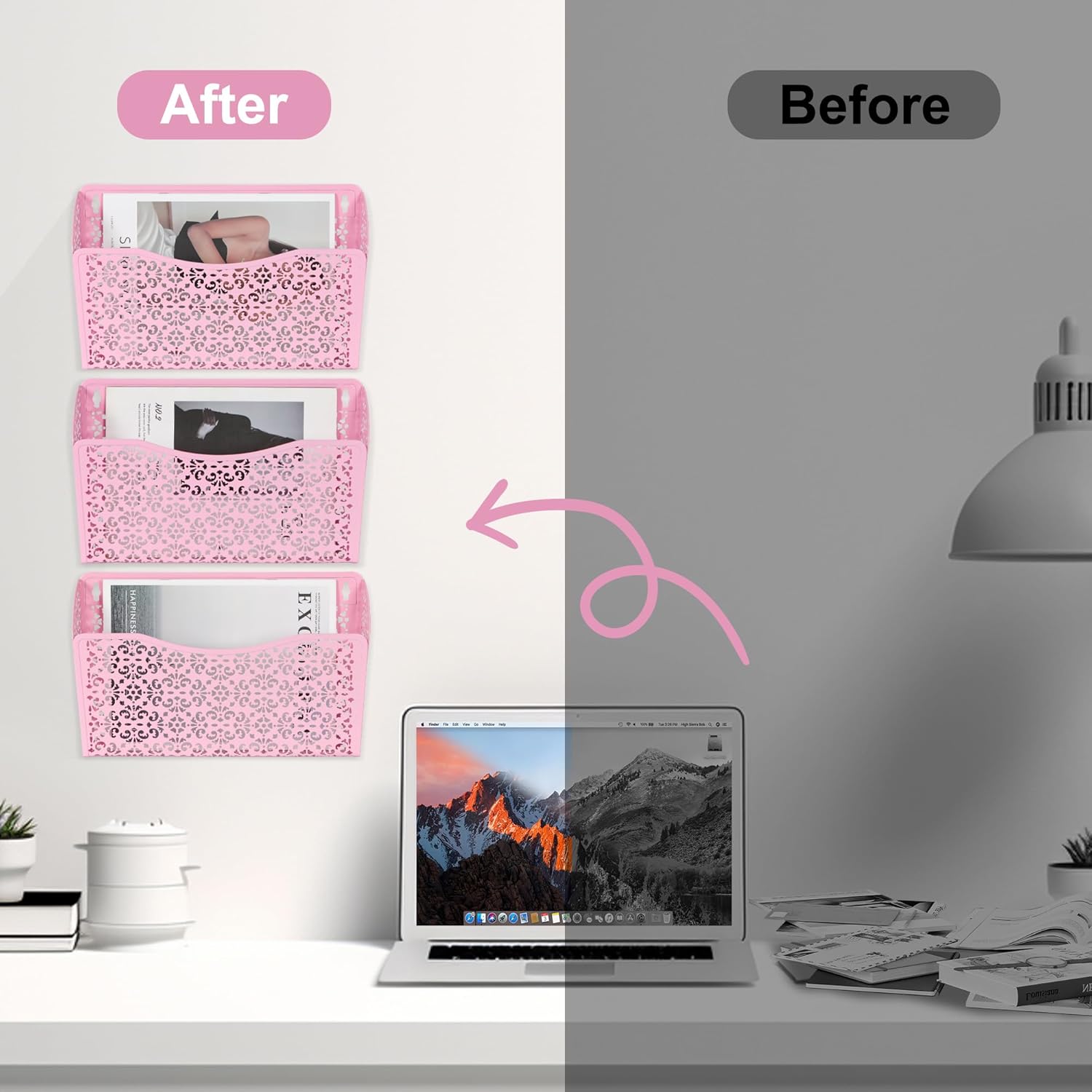 EasyPAG 3 Single Wall Mount File Organizer Vertical Metal Wall Pocket File Holder for Office, Home, School, Pink