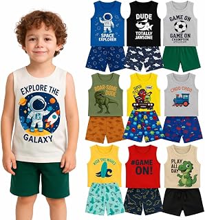 Kit 6 Peças Conjunto Verão Regata Infantil Menino Masculino Roupas Infantil – Conjuntos de Verão com Regatas e Bermudas, Leves e Confortáveis, Moda Infantil para Brincar e Passear 1 A 8 Anos
