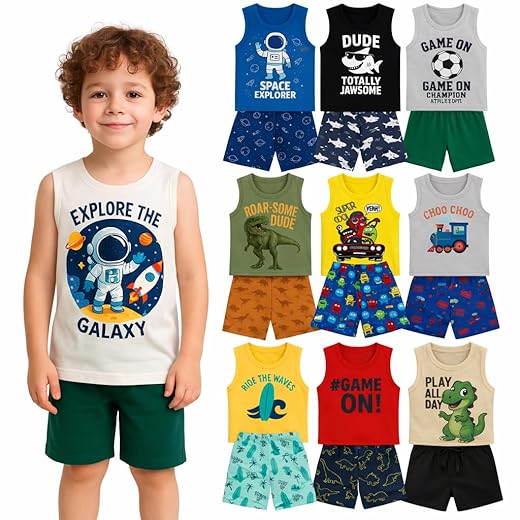 Kit 6 Peças Conjunto Verão Regata Infantil Menino Masculino Roupas Infantil – Conjuntos de Verão com Regatas e Bermudas, Leves e Confortáveis, Moda Infantil para Brincar e Passear 1 A 8 Anos