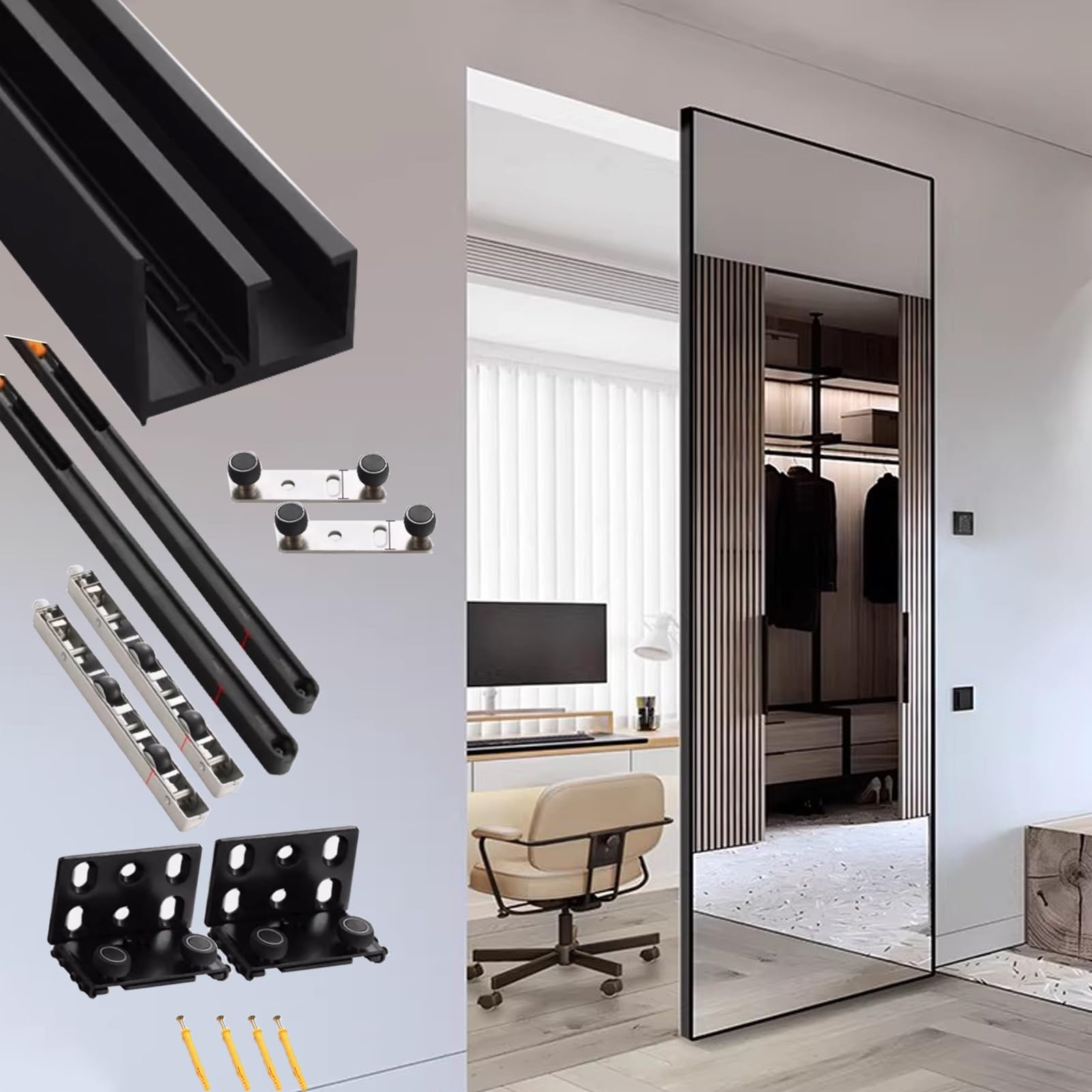 Minglez Sliding Door Kit 26 28 30 32 34 36 38" Concealed Sliding Barn Door Hardware Kit, Invisible Closet Door Track for Hidden Sliding Door, Black Ghost Track with Soft Close(70cm/27.6in)