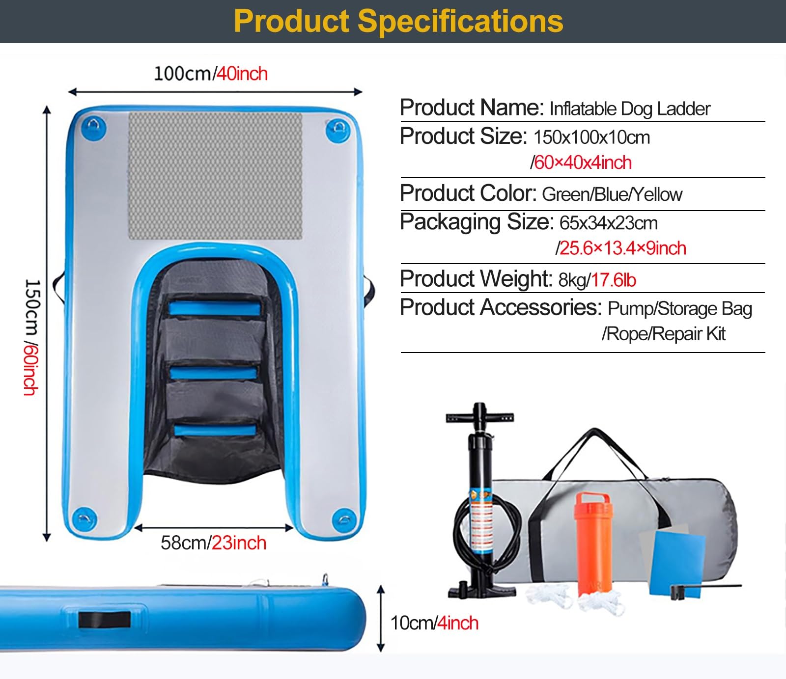 rampa de agua para perros Muelle flotante para barcos con rampa para perros, rampa de agua para perros con escalón y espuma EVA antideslizante, plataforma de muelle inflable para playas y yates.(Blue)