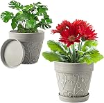 Pots de plantes à l'intérieur avec drainage & Sauceur, 2Pack 7 inch Pots de fleurs Planters extérieurs pour les plantes intérieures Jardin Maison Décor Cactus Succulent, forte imitation résine Terracotta, motif de vigne Embossé