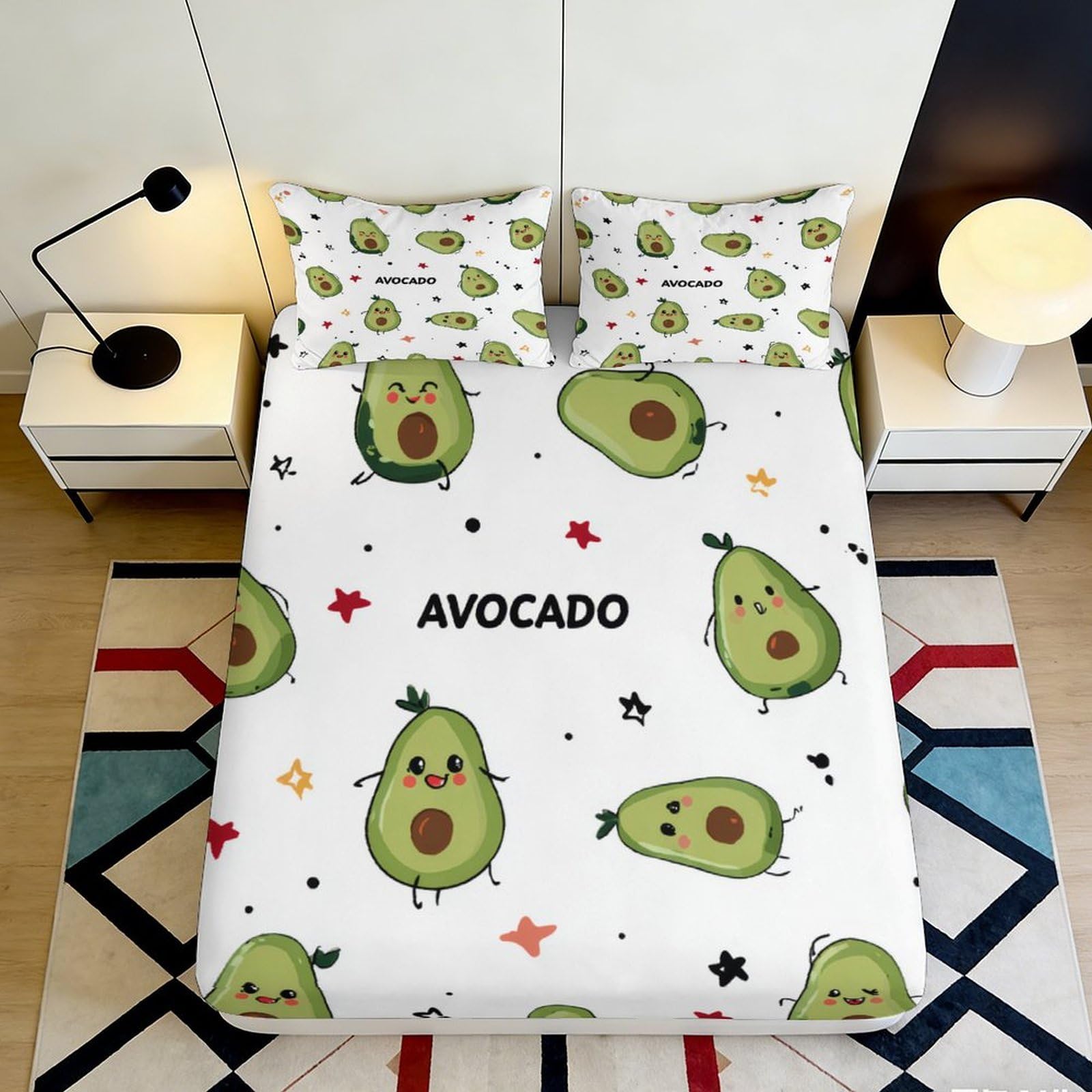 3D Printed Avocado Cartoon Fitted Sheet Microfiber Soft Anti-Slip Green Fruit Mattress Cover for Bedroom Dorm Guest Room Decor 160x200x25cm